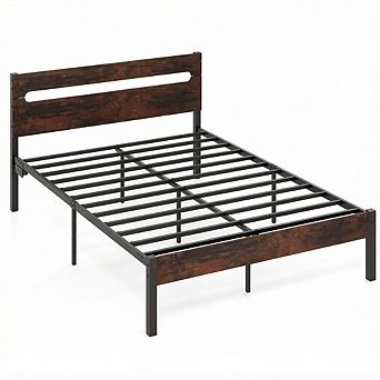 Costway Full Size Bed Frame with Built-in Charging Station Sturdy Mattress Foundation