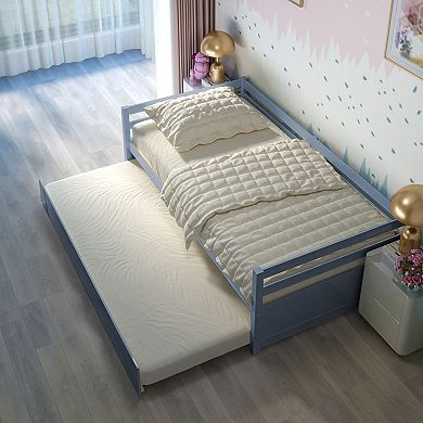 Costway Twin Size Trundle Daybed Wooden Slat Support Mattress Platform