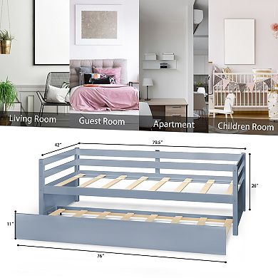 Costway Twin Size Trundle Daybed Wooden Slat Support Mattress Platform