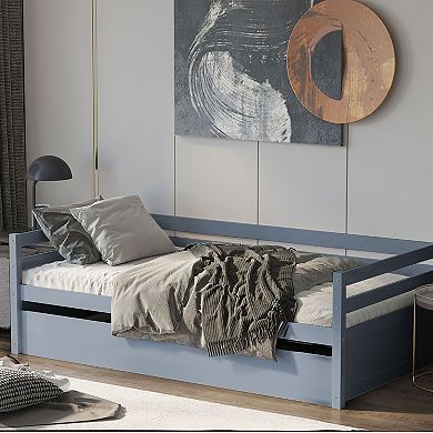 Costway Twin Size Trundle Daybed Wooden Slat Support Mattress Platform