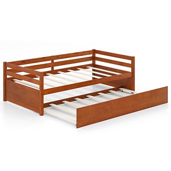 Costway Twin Size Trundle Daybed Wooden Slat Support Mattress Platform