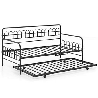 Costway Twin Daybed with Trundle Curved Backrest & Armrests Heavy-duty Metal Slats