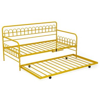 Costway Twin Daybed with Trundle Curved Backrest & Armrests Heavy-duty Metal Slats