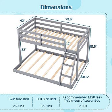 Costway Twin Over Full Bunk Bed with Integrated Ladder & Safety Guardrails Solid Wood