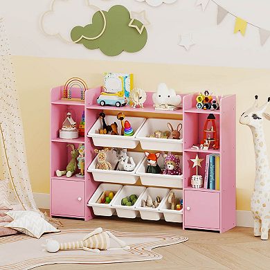 Costway 4-Tier Large Storage Cabinet with 6 Cubbies & 8 Removable Bins Bookshelf