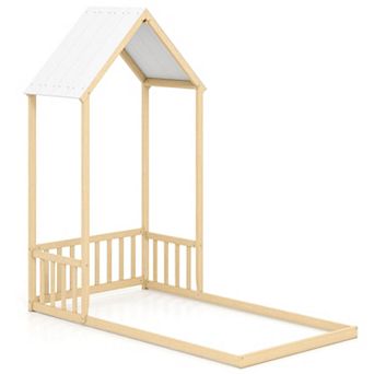 Costway Twin Size House Bed Montessori Floor Bed with House Shape Roof & Semi-Fence