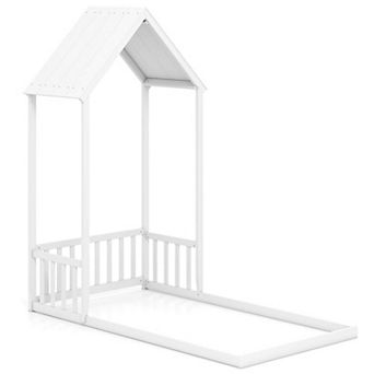 Costway Twin Size House Bed Montessori Floor Bed with House Shape Roof & Semi-Fence