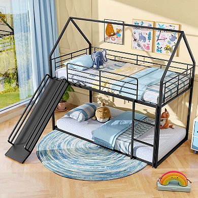 Costway Twin Over Twin Low Bunk Bed House-shaped Metal Bunk Bed Frame with Safety Guardrail