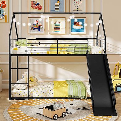 Costway Twin Over Twin Low Bunk Bed House-shaped Metal Bunk Bed Frame with Safety Guardrail