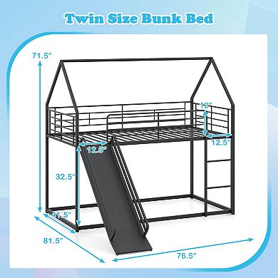 Costway Twin Over Twin Low Bunk Bed House-shaped Metal Bunk Bed Frame with Safety Guardrail