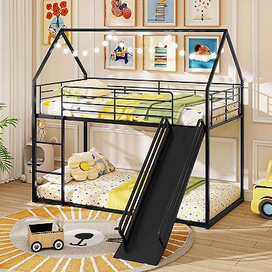 Costway Twin Over Twin Low Bunk Bed House-shaped Metal Bunk Bed Frame with Safety Guardrail