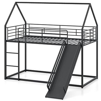 Costway Twin Over Twin Low Bunk Bed House-shaped Metal Bunk Bed Frame with Safety Guardrail