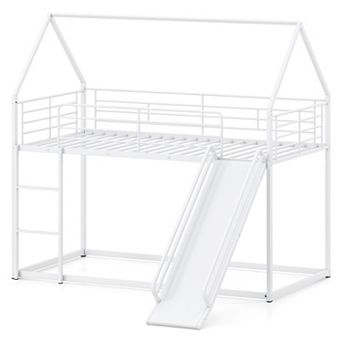 Costway Twin Over Twin Low Bunk Bed House-shaped Metal Bunk Bed Frame with Safety Guardrail