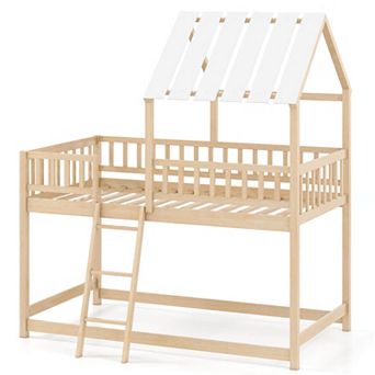 Costway Twin Over Twin House Bunk Bed with Roof, Ladder & Full-length Guardrails for Kids