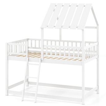 Costway Twin Over Twin House Bunk Bed with Roof, Ladder & Full-length Guardrails for Kids