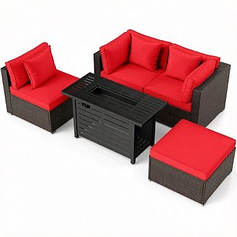 Costway 5 pc Patio Furniture Set Heavy-duty Frame Rattan Sofa Set with 60,000 BTU Firepit Table