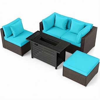 Costway 5 pc Patio Furniture Set Heavy-duty Frame Rattan Sofa Set with 60,000 BTU Firepit Table