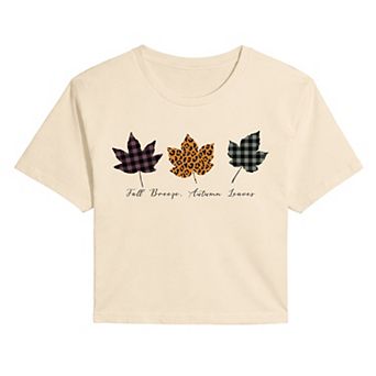 Juniors' Plaid & Leopard Print Leaves Cropped Tee