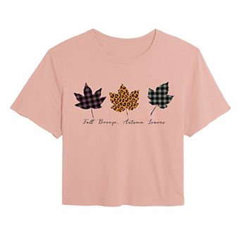 Juniors' Plaid & Leopard Print Leaves Cropped Tee