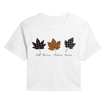 Juniors' Plaid & Leopard Print Leaves Cropped Tee