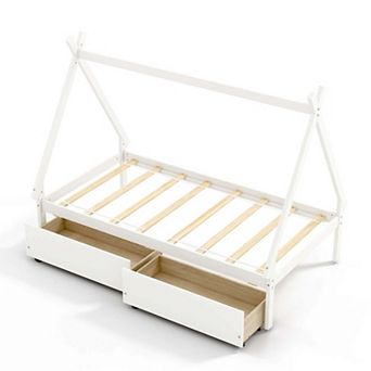Costway Twin Size Wooden House Bed with 2 Drawers Roof Storage for Boys & Girls