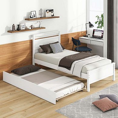 Costway Twin Size Platform Bed with Trundle Pull-out Trundle Headboard & Footboard