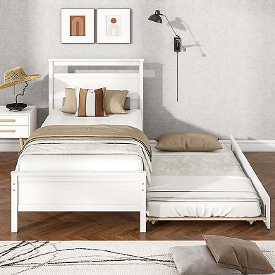 Costway Twin Size Platform Bed with Trundle Pull-out Trundle Headboard & Footboard