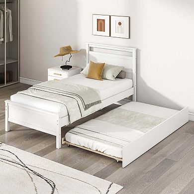 Costway Twin Size Platform Bed with Trundle Pull-out Trundle Headboard & Footboard