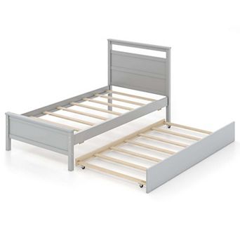 Costway Twin Size Platform Bed with Trundle Pull-out Trundle Headboard & Footboard