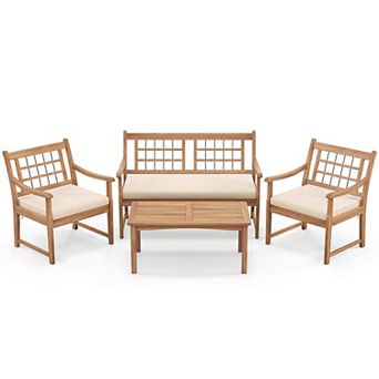 Costway 4 pc Wood Patio Furniture Set with Soft Seat Cushions Solid Acacia Wood Frame