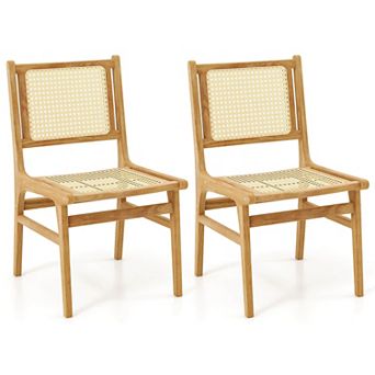Costway Rattan Dining Chair with Natural Cane Woven Backrest & Seat & Teak Wood Frame