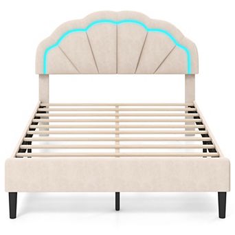 Costway Upholstered LED Bed Frame Soft Velvet Platform Bed with Flower Headboard