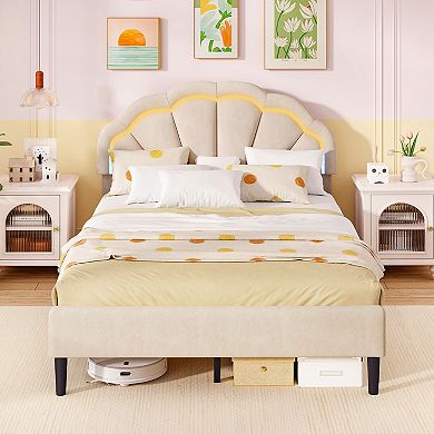 Costway Upholstered LED Bed Frame Soft Velvet Platform Bed with Flower Headboard
