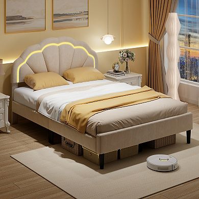 Costway Upholstered LED Bed Frame Soft Velvet Platform Bed with Flower Headboard