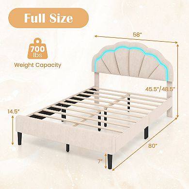 Costway Upholstered LED Bed Frame Soft Velvet Platform Bed with Flower Headboard