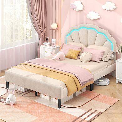 Costway Upholstered LED Bed Frame Soft Velvet Platform Bed with Flower Headboard