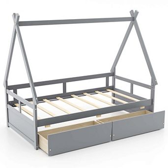 Costway Twin Size House Bed with Roof Safety Guardrail 2 Storage Drawers Wood Slat Support