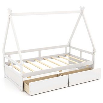 Costway Twin Size House Bed with Roof Safety Guardrail 2 Storage Drawers Wood Slat Support