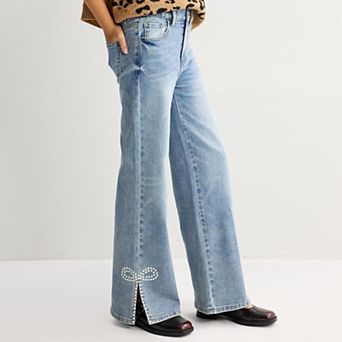 Girls 7-16 Gogo Star Pearl Bow Hem Wide-Leg Denim Jeans