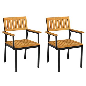 Costway Dining Chair with Acacia Wood Backrest Slanted Seat Comfortable Armrests