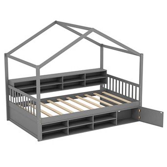 Costway Twin Size House Bed Wooden Platform Bed Frame with Roof & 14 Storage Cubes