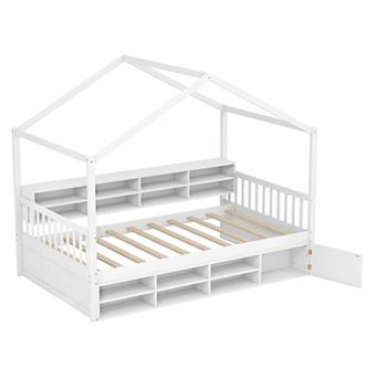 Costway Twin Size House Bed Wooden Platform Bed Frame with Roof & 14 Storage Cubes