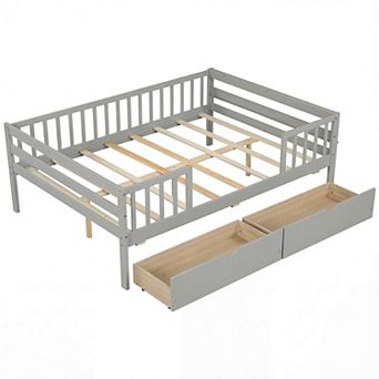 Costway Full Size Daybed with Fence and 2 Drawers,Railings & Slats Support, Bed Frame