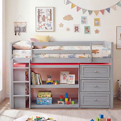 Costway Twin Size Loft Bed with LED Lights Underbed Space Drawers Shelves Ladder