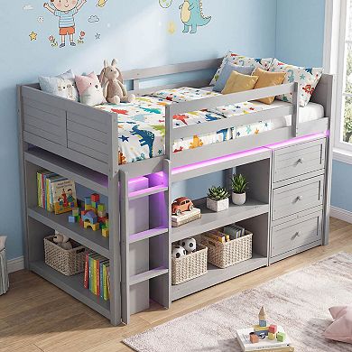 Costway Twin Size Loft Bed with LED Lights Underbed Space Drawers Shelves Ladder