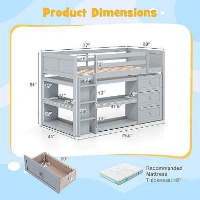 Costway Twin Size Loft Bed with LED Lights Underbed Space Drawers Shelves Ladder