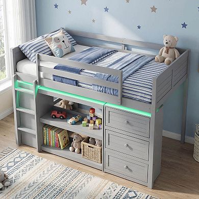 Costway Twin Size Loft Bed with LED Lights Underbed Space Drawers Shelves Ladder