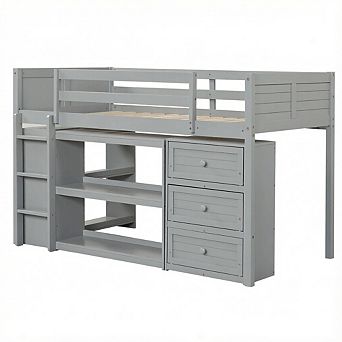 Costway Twin Size Loft Bed with LED Lights Underbed Space Drawers Shelves Ladder