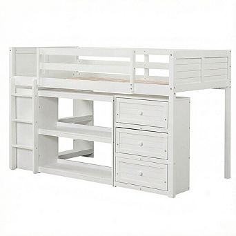 Costway Twin Size Loft Bed with LED Lights Underbed Space Drawers Shelves Ladder