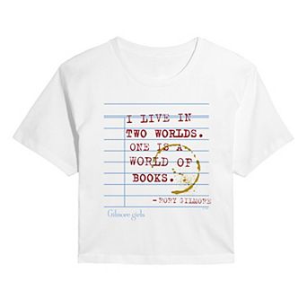 Juniors' Gilmore Girls "I Live In Two Worlds" Rory Gilmore Cropped Tee
